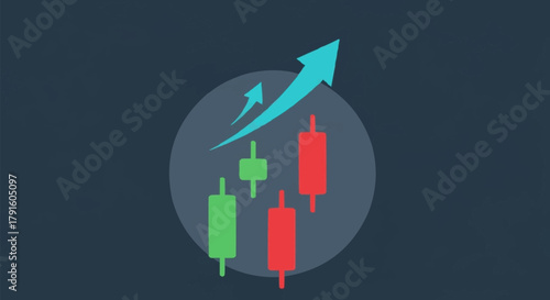 Financial Market Candlestick Chart with Upward Trend Arrow.