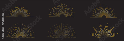 Vintage sunburst collection. Retro gold Sun burst shapes. Bursting golden sun rays. Vintage light starburst labels, badges, Fireworks, Logotype or lettering design element. Radial sunset beams. EPS 10