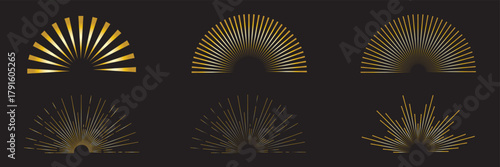 Vintage sunburst collection. Retro gold Sun burst shapes. Bursting golden sun rays. Vintage light starburst labels, badges, Fireworks, Logotype or lettering design element. Radial sunset beams. EPS 10