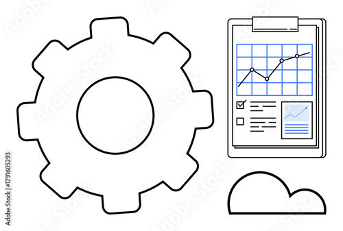 Gear next to a clipboard with analytics chart, checklist, and cloud. Ideal for technology, data analysis, cloud computing, performance optimization, productivity, planning digital transformation