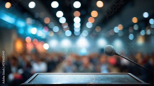Blurred background of a speaker's podium at a professional conference. High quality