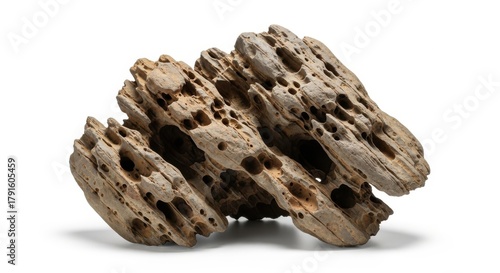 Intriguing display of three pieces of honeycombed petrified wood against a bright white backdrop