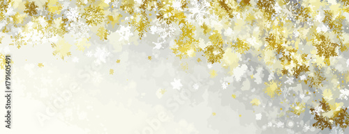 Glitzernde goldene und weiße Schneeflocken-Partikel schweben auf einem hellen Hintergrund, Vektor-Illustration