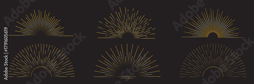 Vintage sunburst collection. Retro gold Sun burst shapes. Bursting golden sun rays. Vintage light starburst labels, badges, Fireworks, Logotype or lettering design element. Radial sunset beams. EPS 10