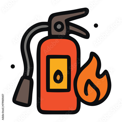 Fire safety cartoon illustration of a fire extinguisher protecting against flame. Ideal for safety posters, educational materials, or websites.