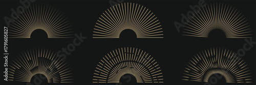 Vintage sunburst collection. Bursting sun rays. Fireworks. Logotype or lettering design element. Radial sunset beams. Vector illustration. Black and Gold Vintage sunburst. Best Collection. EPS 10.
