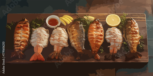 Gegrillte Garnelen und Fisch mit Zitrone und Sauce auf einem Holzbrett serviert