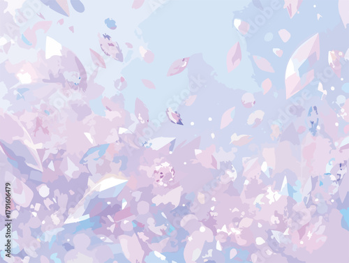 Abstrakter Vektorhintergrund mit fallenden Blütenblättern und Kristallen in Pastelltönen