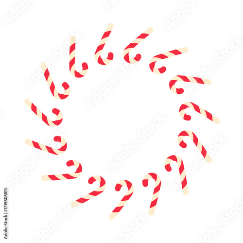 peppermint candy cane wreath circle featuring confectioner arranging striped sweets, red and white swirl sticks, sugary playful vibe, festive treat display, cheerful holiday