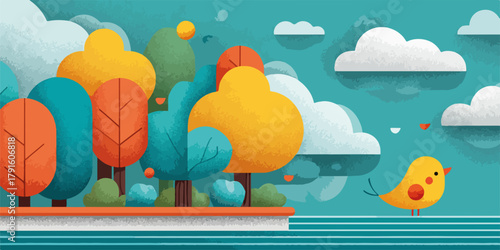 Niedlicher gelber Vogel fliegt durch eine bunte, stilisierte Landschaft mit Bäumen und Wolken.