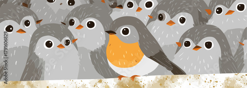 Eine Gruppe niedlicher, stilisierten Rotkehlchen mit orangefarbener Brust, die auf einem Ast sitzen.