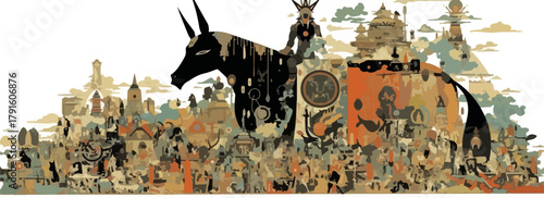 Abstrakte Vektorgrafik einer grotesken Kreatur mit Hörnern, die über einer Stadt thront.