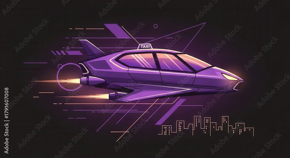 Obraz premium Futuristic purple aircraft providing aerial transportation services zooms past a stylized cityscape