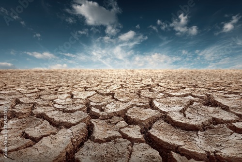 Cracked Earth Landscape Under a Cloudy Blue Sky, Arid Land