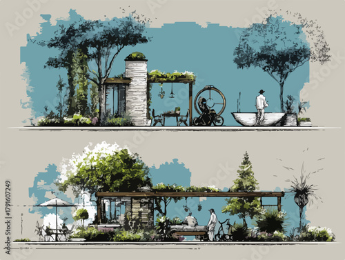 Vektor-Illustration von entspannten Gartenbereichen mit Pergolen, Bäumen und Freizeitaktivitäten im Freien.