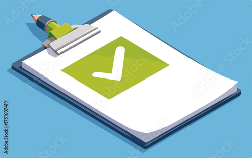 Vektor-Illustration eines Klemmbretts mit einem Häkchen-Symbol auf einem blauen Hintergrund, das Erfolg symbolisiert.