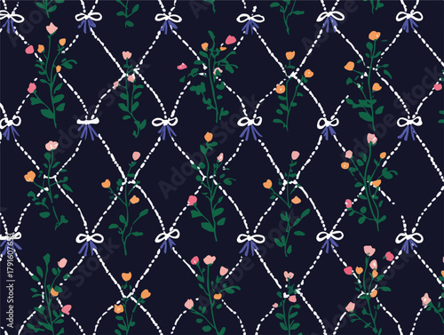 Nahtloses Vektor-Muster mit zarten Blumen, Blättern und Schleifen auf dunkelblauem Hintergrund