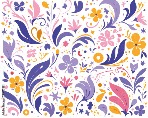 Ein lebhaftes Vektor-Blumenmuster mit einer Mischung aus floralen Elementen in Lila, Rosa und Gelb, ideal für vielseitige Designs.
