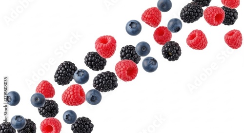 Assortment of Fresh Berries Floating on White Background, Raspberry, Blackberry, Blueberry