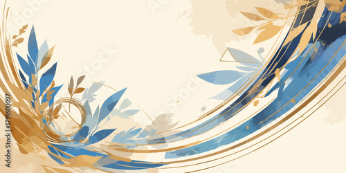 Ein eleganter Vektorhintergrund mit blauen und goldenen Blättern und Wirbeln, ideal für Einladungen, Grußkarten oder Website-Header.