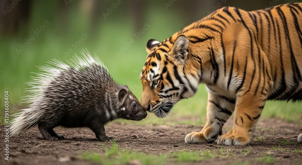 Fototapeta premium A tiger and a porcupine interact