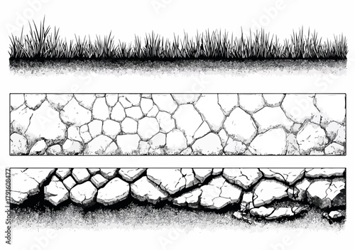 Diese Vektorillustration zeigt eine detaillierte Darstellung von Gras und zwei verschiedenen Steinmauern in einer klaren Schwarz-Weiß-Ästhetik.