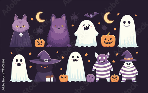 Eine festliche Illustration mit Halloween-Motiven wie Geistern, Katzen, Kürbissen und Monden, die eine gruselige und verspielte Atmosphäre schafft.