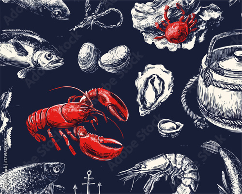 Nahtloses Vektormuster mit Meeresfrüchten, das eine Vielzahl von Fischen, Krabben, Hummern und Schalentieren auf einem dunklen Hintergrund zeigt.