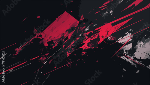 Abstrakte dynamische Komposition mit roten und schwarzen geometrischen Formen und Spritzern auf dunklem Hintergrund für modernes Design.