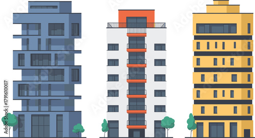 Vector Modern Apartment Building Set, Residential Blocks, Flat Architecture, Contemporary Urban Skyscrapers and Housing