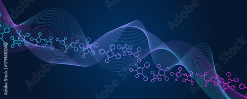 Futuristic Molecular Network Digital Background. Colorful Molecules Background. Dna Helix, Dna Strand, Dna Test. Molecule or Atom, Neurons.