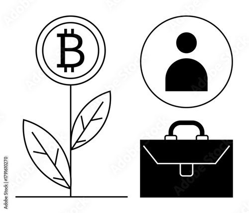 Bitcoin-inspired plant symbolizes cryptocurrency growth. User profile and briefcase suggest digital identity, finance, and career ambitions. Ideal for cryptocurrency, investing, fintech, blockchain