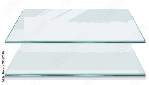 Zwei schwebende, transparente Glasplatten mit spiegelnder Oberfläche und klaren Kanten, perfekt isoliert auf weißem Hintergrund für vielseitige Designprojekte.