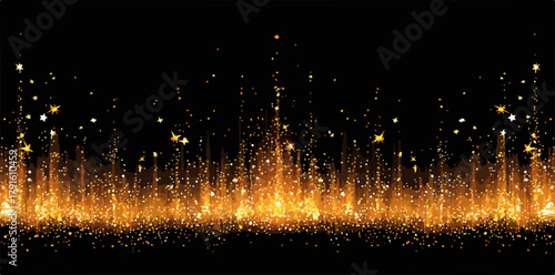 Ein funkelnder goldener Partikelregen steigt elegant aus einer dunklen Tiefe empor und erzeugt eine festliche Atmosphäre.