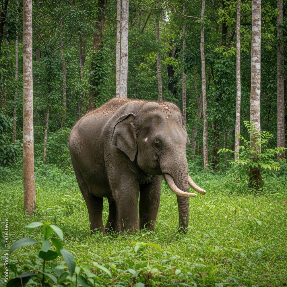 Fototapeta premium Majestic asian elephant standing peacefully amidst lush greenery within a tropical forest scene