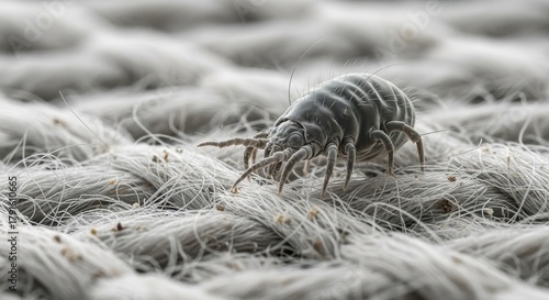 Magnified depiction of a dust mite crawling amidst woven fabric structure representing allergy