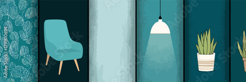 Dieses moderne Vektor-Design präsentiert eine stilvolle Inneneinrichtung mit einem bequemen Sessel, eleganten Pflanzen und sanfter Beleuchtung in harmonischen Türkistönen.