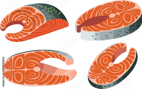 Raw Salmon Steak Vector Set, Fresh Red Fish Fillet Cut, Seafood, Omega-3, and Healthy Cooking Ingredient