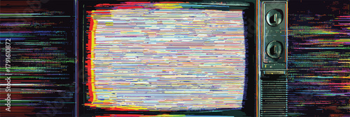 Abstrakte Vektorgrafik eines Retro-Fernsehers mit dynamischem, farbigem Glitch-Effekt auf dem Bildschirm, der visuelle Störungen darstellt.