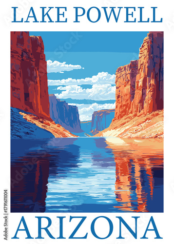 Iconic vintage travel poster vector illustration of Lake Powell, Arizona, featuring the vast blue reservoir framed by rugged red canyon cliffs