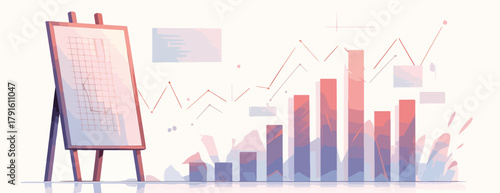 Diese abstrakte Vektorgrafik visualisiert Geschäftswachstum und Datenanalyse mit einer präsentationsbereiten Tafel und aufsteigenden Balkendiagrammen.
