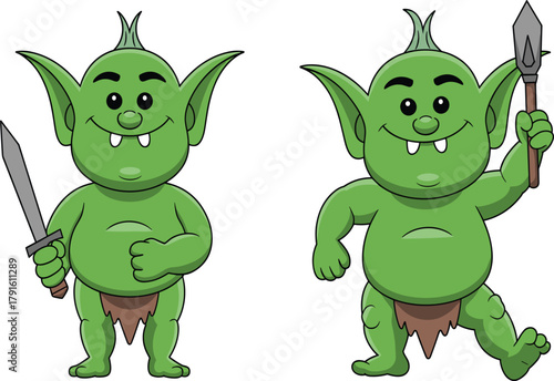 Cute Cartoon Green Goblin or Troll Vector Set, Fantasy Mascot Character with Sword and Spear Weapon