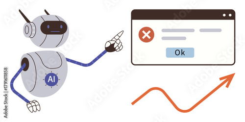 AI robot pointing at error popup with ok button, red cross, and rising arrow. Ideal for technology, AI, automation, data analysis, problem-solving growth and innovation. Simple flat metaphor