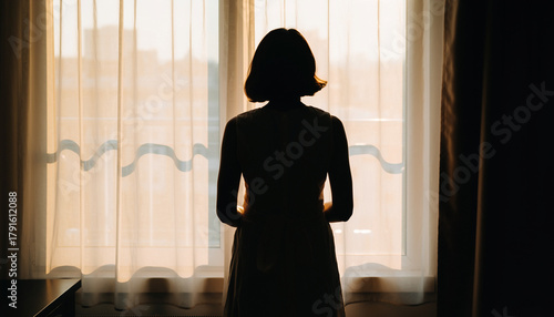 Silhouette of a woman standing by a window with curtains, looking out at the bright light from outside, creating a contemplative mood.