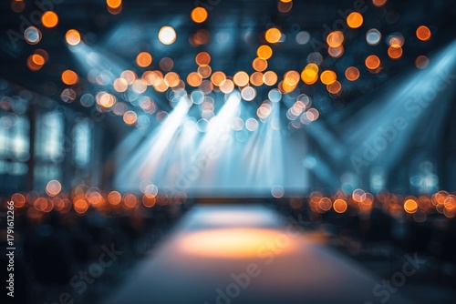 A blurred bokeh background with a spotlight on a stage, representing business events and conferences - business concept, bokeh Generative AI. High quality