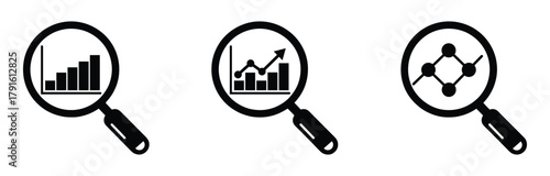 magnifying glass icons show graphs and charts representing data analysis market research and business intelligence activities,Analyze data trends for growth, insights with magnifying glass