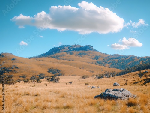 Serene landscape of Mount Kosciuszko in New South Wales' Great Dividing Range, golden grass hills under warm sun with ancient rocky outcrop, cinematic nature scene.