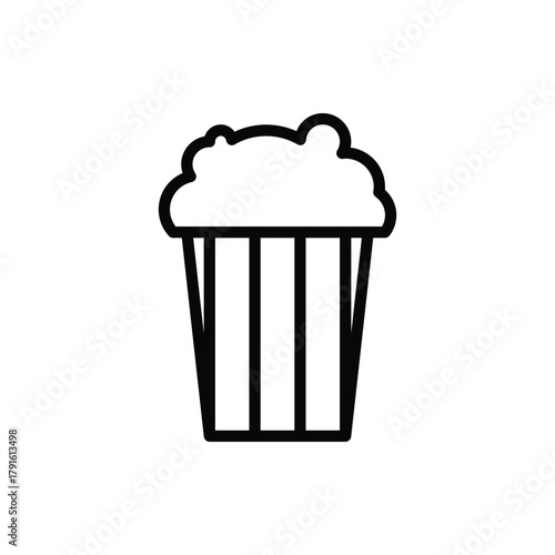 A minimalist black and white line drawing of a classic striped popcorn bucket overflowing with fluffy popcorn, perfect for movie night themes.