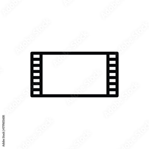 A minimalist graphic icon of a film strip with perforations on the sides and a blank rectangular frame in the center. Cinema and Movie Line Icon. Isolated Vector Clip Art.