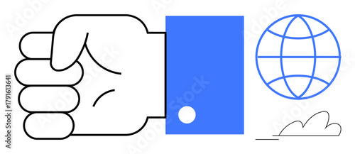 Closed fist evokes strength and determination, blue globe symbolizes global connectivity, and cloud suggests modernity and digital innovation. Ideal for teamwork, leadership, ambition, networking